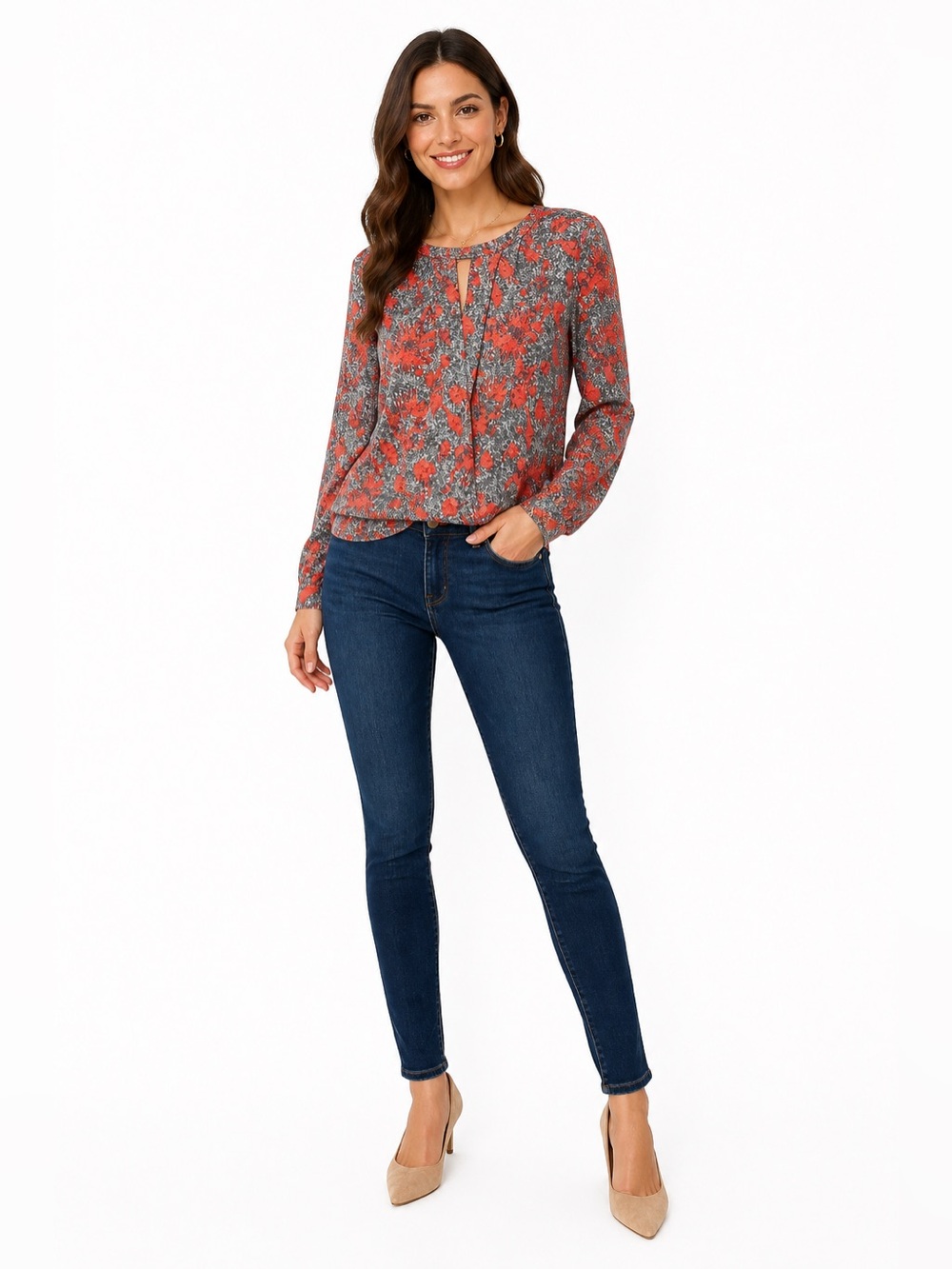 Yoana Baraschi Red & Gray Floral Faux Wrap Blouse Long Sleeve